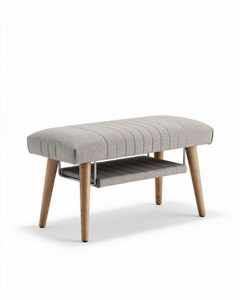 Banquette en tissu gris avec étagère en bois 80 x 40 x 45cm