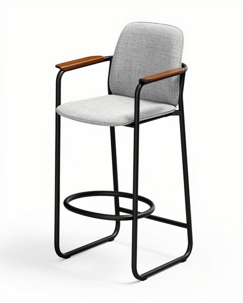 Chaise haute en tissu gris avec accoudoirs en bois et structure métallique 40 x 40 x 100cm