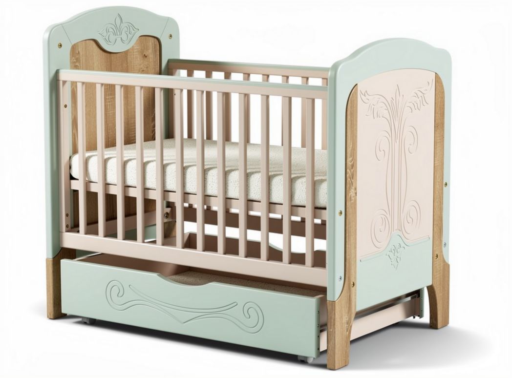 Lit bébé en bois avec tiroir de rangement vert et rose 120 x 70 x 90cm